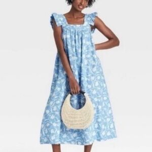 Blue Floral Linen Blend Sleeveless Dress Medium